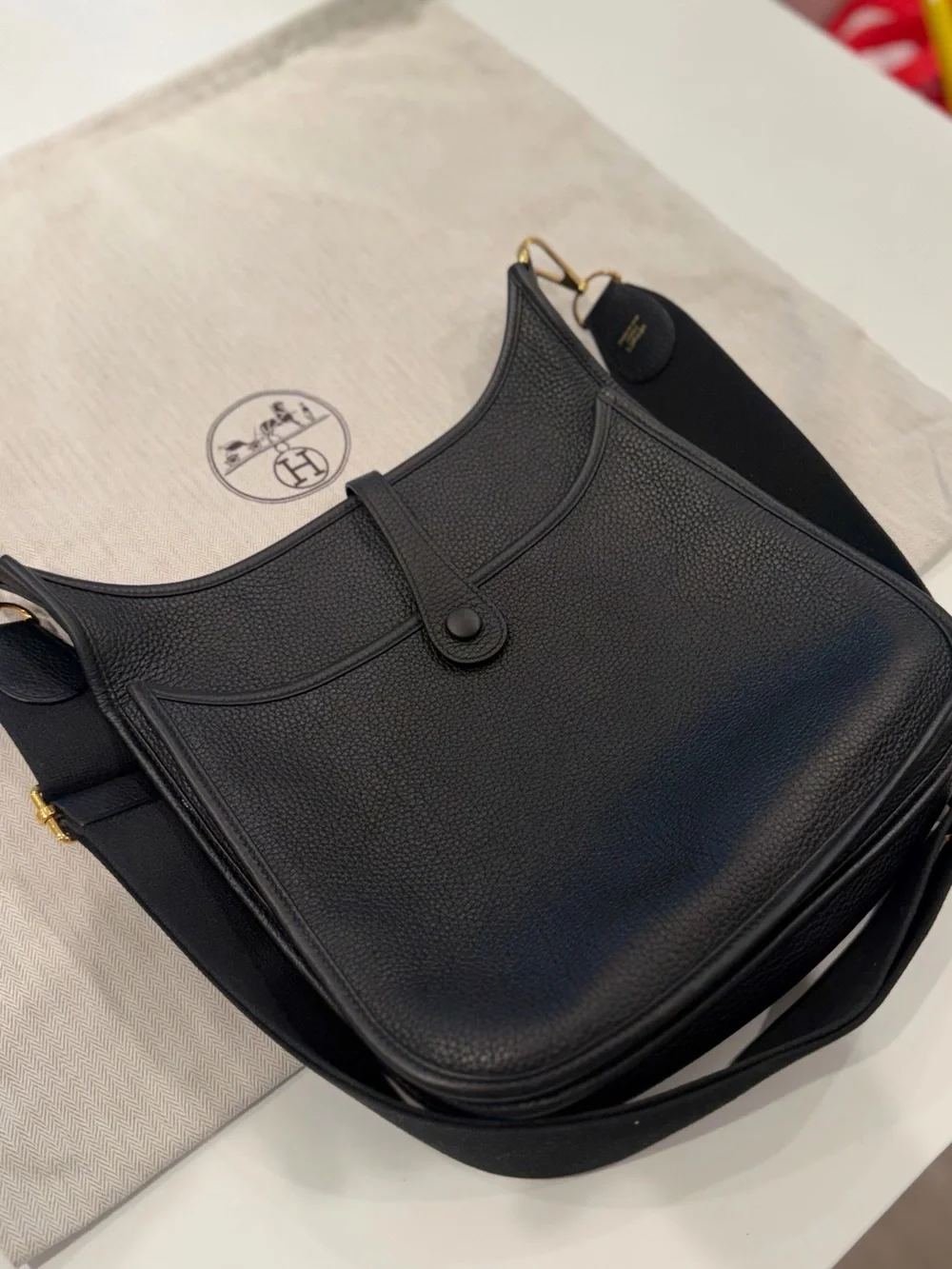 Hermes Black Perforated Evelyne Messenger Bag with Gold Hardware